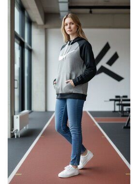 Nike Dri Fit Womens M Black Gray Athletic Sport Kangaroo Pocket Pullover Hoodie